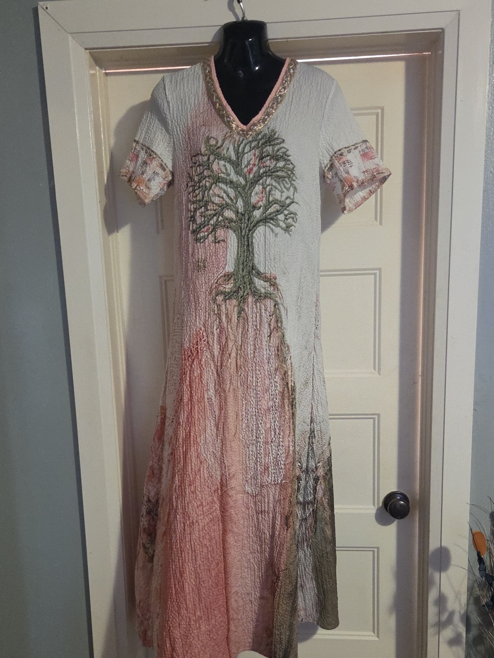 V-Neck Tree Embroidered Maxi Dress in Pink and Green